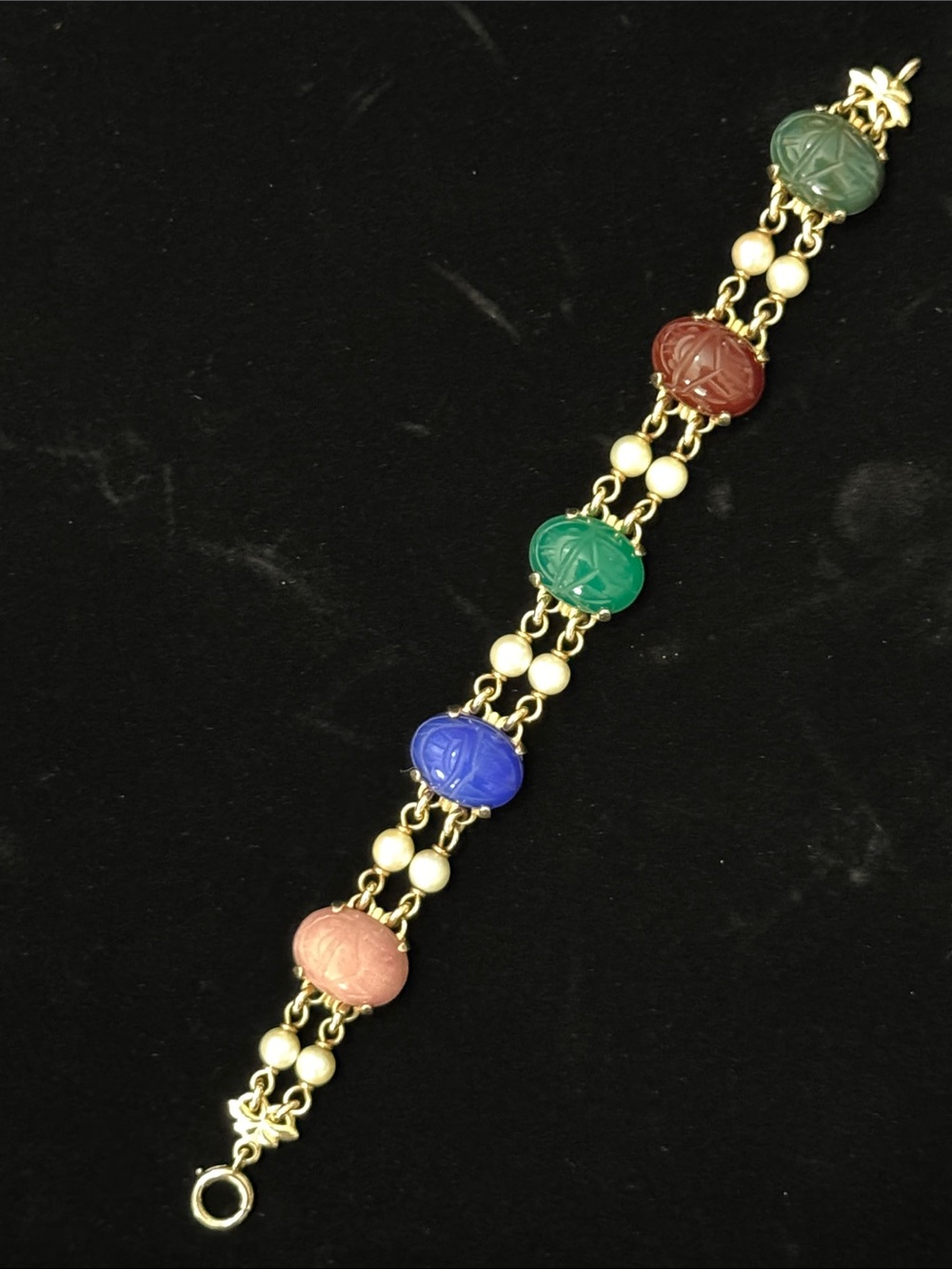 14k Vintage Mid-Century Egyptian Revival scarab beetle 5 stone bracelet